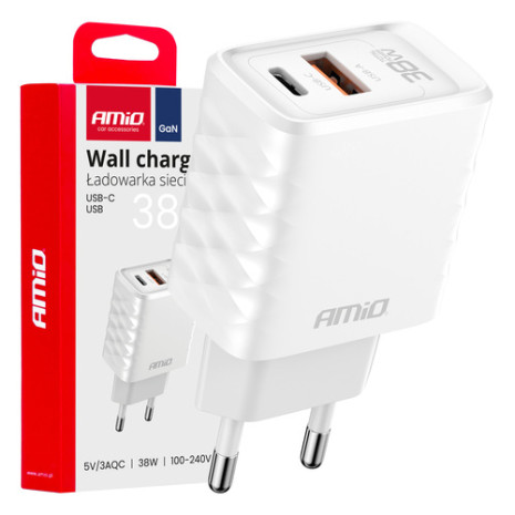 USB-C GaN lādētājs (kontaktligzdai) 38W USB + USB-C, Quick Charge AMIO 04287