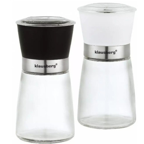 Baltas un melnas sāls un piparu dzirnaviņas, 160 ml tilpums, stikla korpuss, keramikas asmeņi